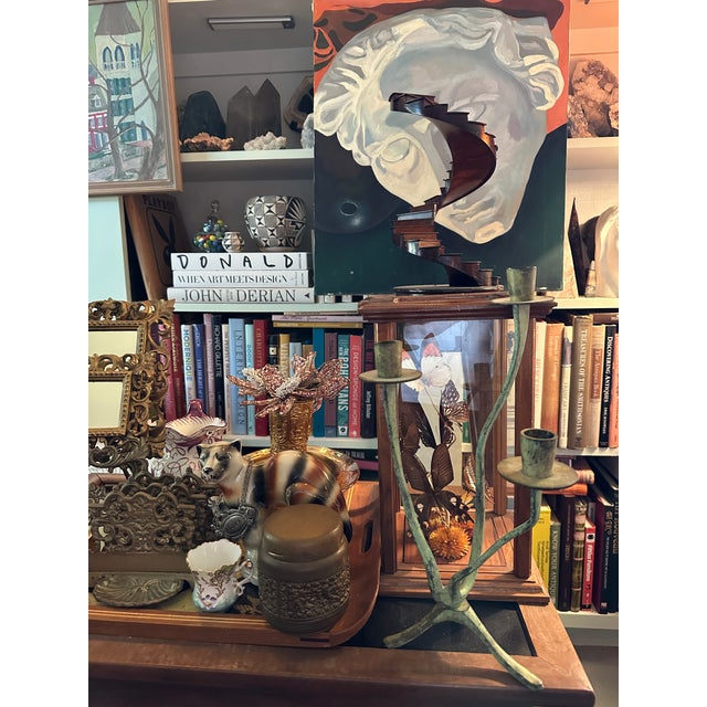 1970s Vintage Verdigris Brass Three-Arm Candelabra | Sculptural Organic Form For Sale - Image 5 of 8