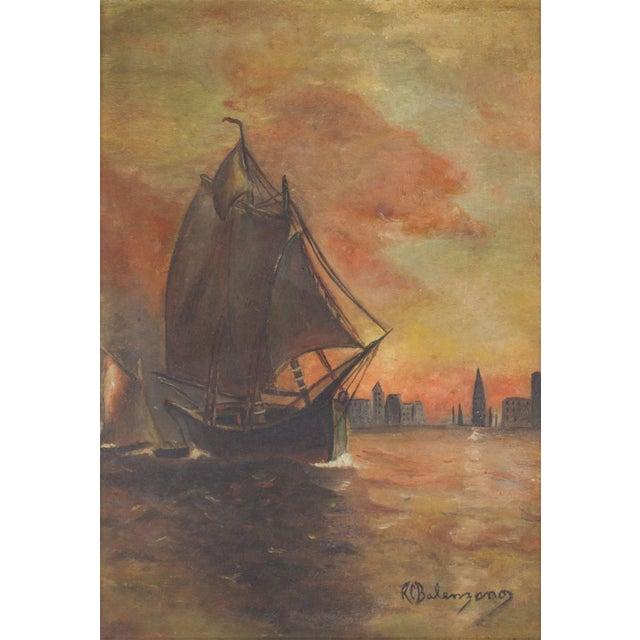 Sunset harbor seascape oil painting with cityscape in background.