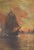 Sunset harbor seascape oil painting with cityscape in background.
