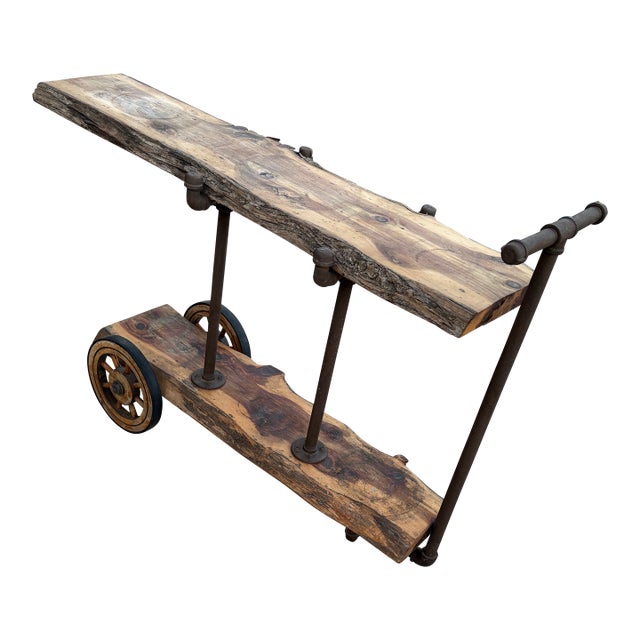 1990s Handcrafted Raw Edge Cedar Wood Industrial Cart For Sale