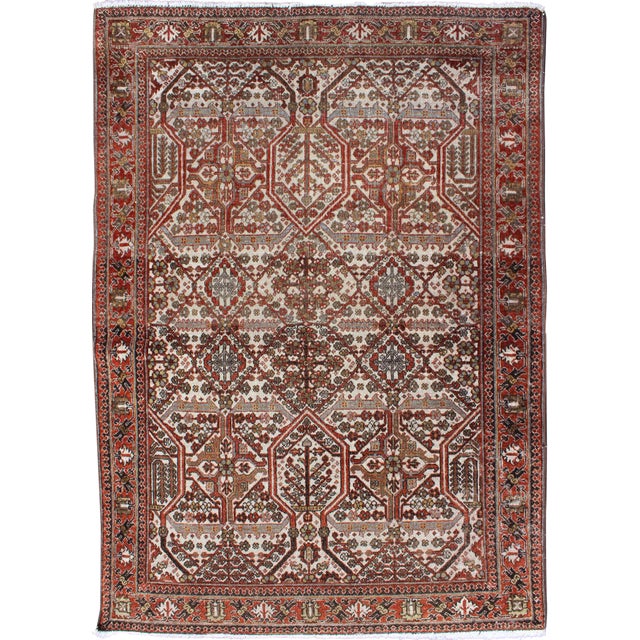 Antique Persian Joshegan Rug in Ivory Background With Red, Green and Blue 3′7″ × 5′2″ For Sale