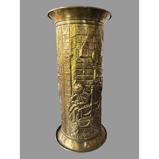 Early 20th Century Vintage Antique English Brass Figural Scenic Repousse Umbrella Stand Vase For Sale - Image 9 of 12