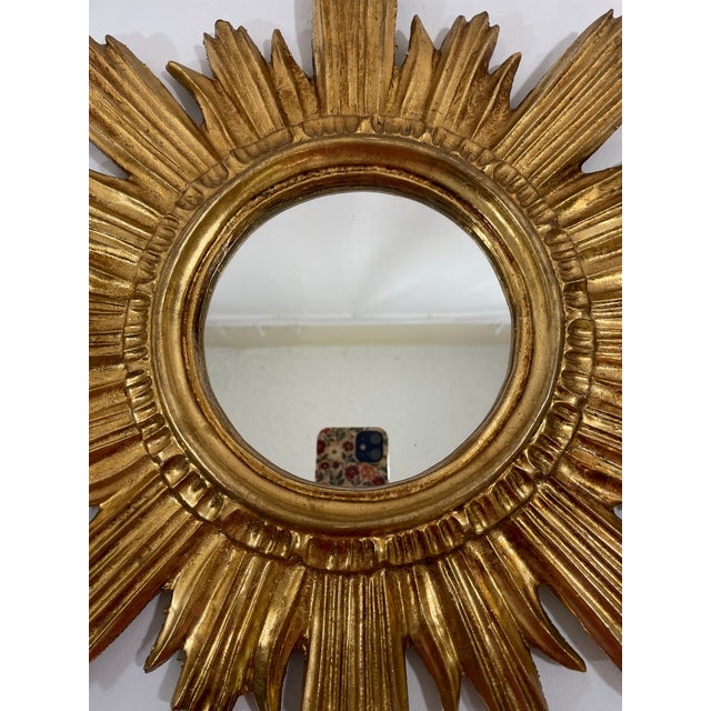 Wood Mid 20th Century Large 18" Bright Gold Italian Giltwood Sunburst Wall Mirror For Sale - Image 7 of 15