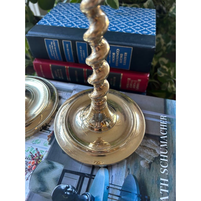 Mid 20th Century Vintage Brass Solid Barley Twist Victorian Style Candlestick Holders - A Pair For Sale - Image 5 of 7