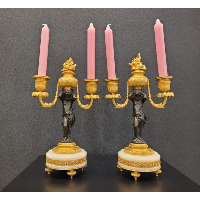 19th Century Putti Candlesticks in Bronze, Ormolu and Marble, France, 1890s, Set of 2 For Sale - Image 4 of 17