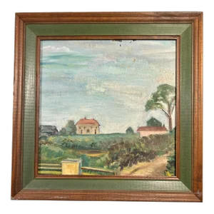 Vintage Rustic Tuscan Farmhouse Landscape Oil Painting With Green Frame Accent Border