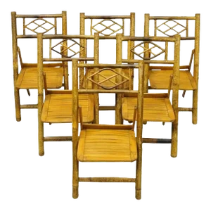 Mid 20th Century Vintage Hollywood Regency Tiki Children's Bamboo Folding Side Chairs - Set of 6