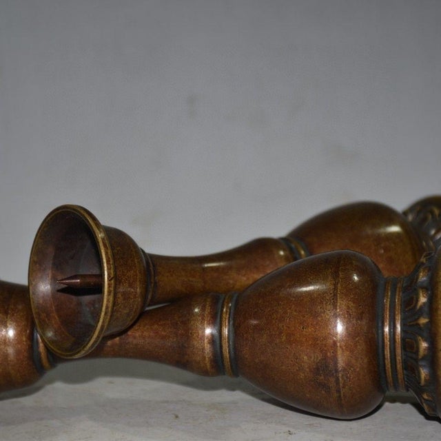 Pair of Vintage Chinese Solid Copper "Bulbous" Candlesticks With Lotus Bases - 879g For Sale - Image 9 of 9