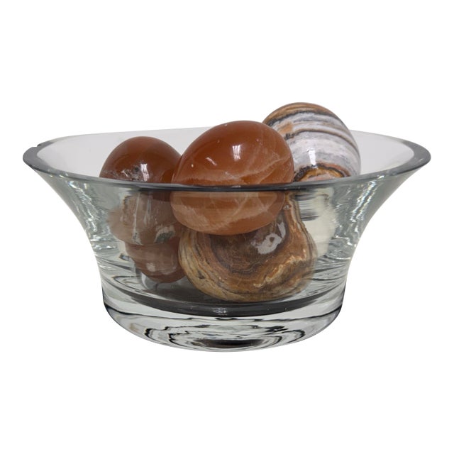 Carved Lotus Base Glass Bowl + Stone Sphere Set For Sale
