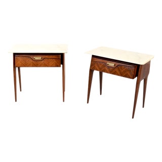 Italian Nightstands in Walnut and Carrara Marble, 1960s, Set of 2 For Sale