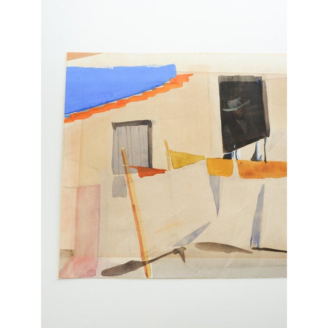 Mid 20th Century Village Laundry Line Watercolor Painting For Sale - Image 4 of 7