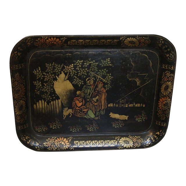 Large Hand Painted Toleware Tray Signed S. Callnin 1969 - "The Thunderstorm" Folk Art For Sale