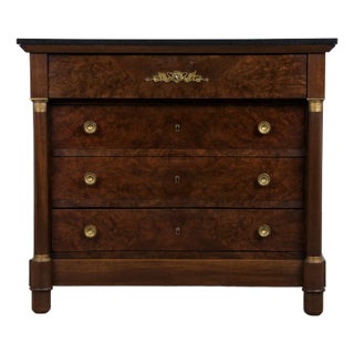 Antique French Empire Walnut Chest of Drawers W/ Black Marble Top For Sale