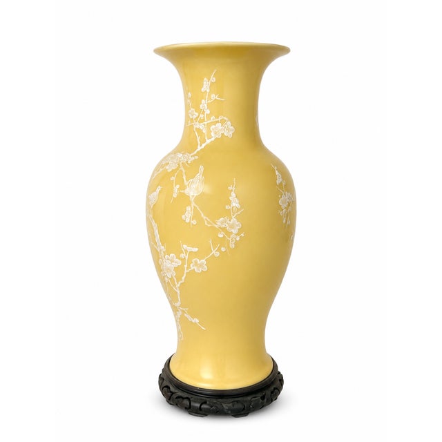 Chinese Yellow Porcelain Vase With White Prunus & Bird Motif on Carved Wood Stand For Sale - Image 4 of 6