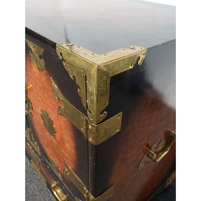 Vintage Asian Korean Tansu Style Burl Cabinet Side Table W Brass Hardware For Sale - Image 9 of 14