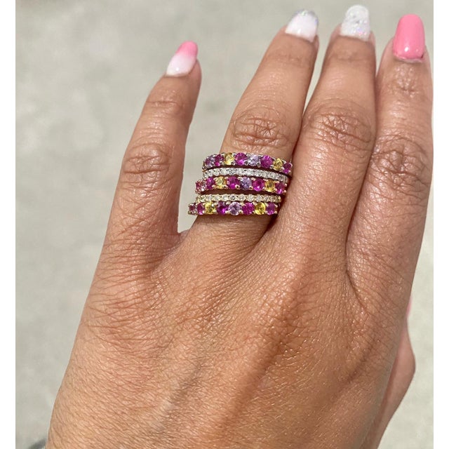 Multi Color Sapphire Diamond Gold Stackable Bands, Size 7 For Sale In Los Angeles - Image 6 of 10