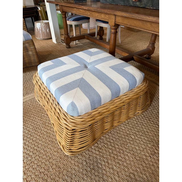 Hollywood Regency 1980s Woven Rattan Ottoman in Blue and White Stripe For Sale - Image 3 of 4