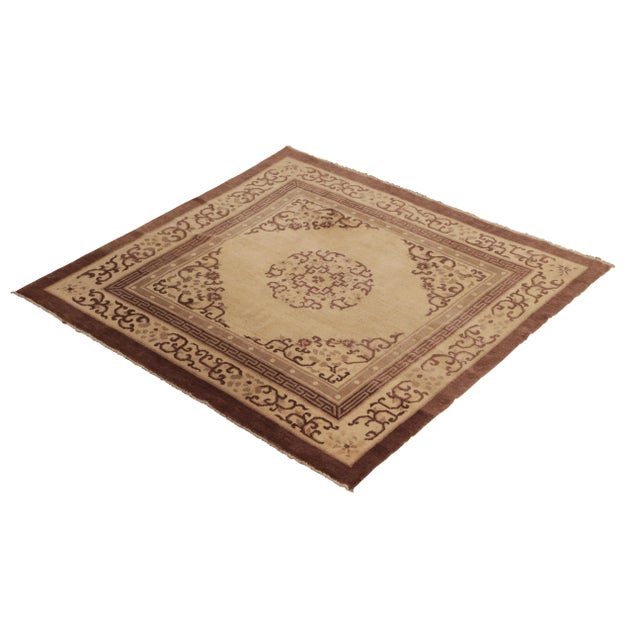 Art Deco Antique Peking Rug Beige Brown Medallion Chinese Art Deco Design For Sale - Image 3 of 5