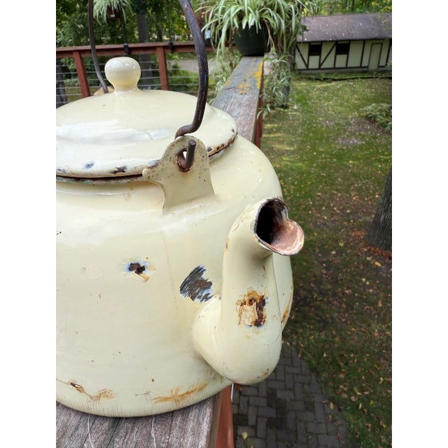 20th Century Rustic Enamel Yellow Tea Kettle Cottage Decor or Planter For Sale - Image 6 of 16