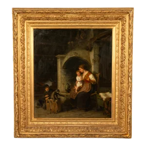 Antique Swedish Oil Canvas Painting Romantic Interior Family Scene Monkey by Bengt Nordenberg 1883, Framed