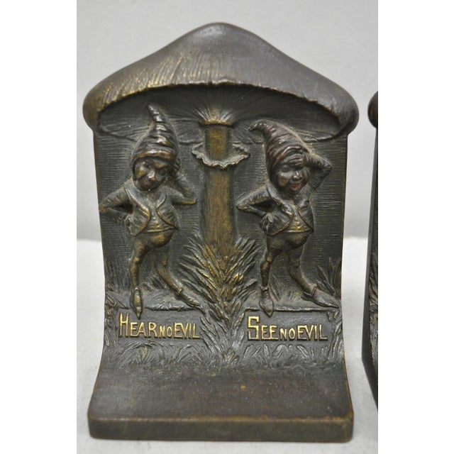 Antique Bradley & Hubbard See No Evil Fairytale Gnome Mushroom Cast Iron Bookends - Pair. Circa Early 20th Century....