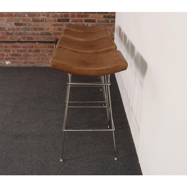 Brown Set of Four Brazilian Leather and Stainless Steel Bar Stools by Fernando Jaeger For Sale - Image 8 of 18