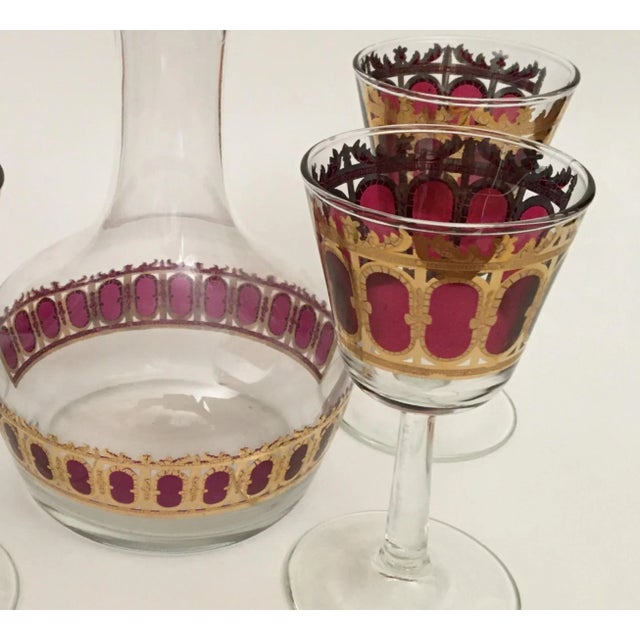 Culver Ltd. Mid-Century Modern Culver Cranberry Scroll Carafe Set With Four Stems- 5 Pieces For Sale - Image 4 of 5