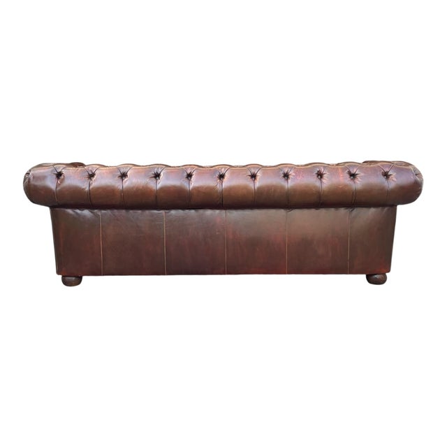 Wood Vintage Cognac Brown Leather Chesterfield Sofa | Deep Tufted English Club Couch For Sale - Image 7 of 14