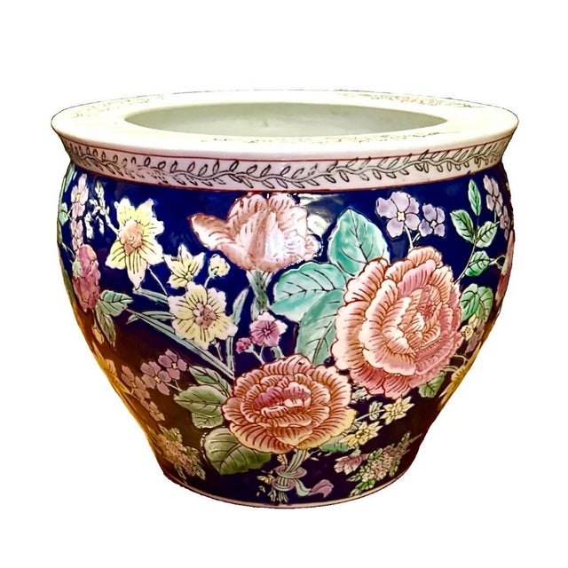 Mid 20th Century Mid-Century Chinese Porcelain Blue Floral Fishbowl Planter For Sale - Image 5 of 7