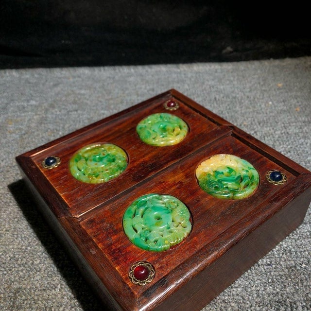 Vintage Huali Wood Double-Drawer Jewelry Box With Carved Green Jade Discs For Sale - Image 9 of 9