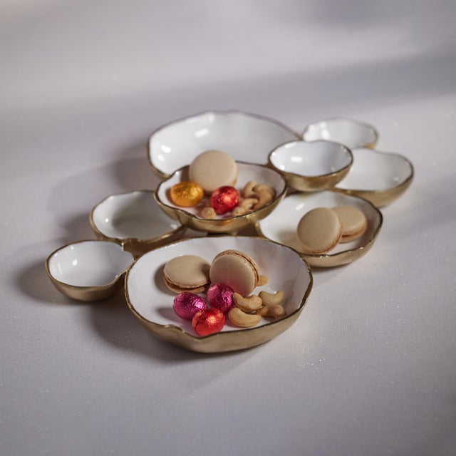 Kenneth Ludwig Chicago Cluster of Nine Round Serving Bowls- Gold w/ White Enamel