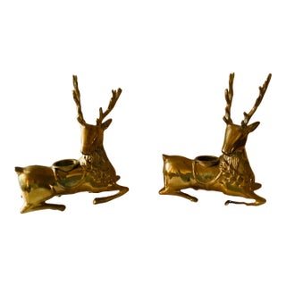 1980s Brass Reindeer Taper Candleholders- Set of 2 For Sale