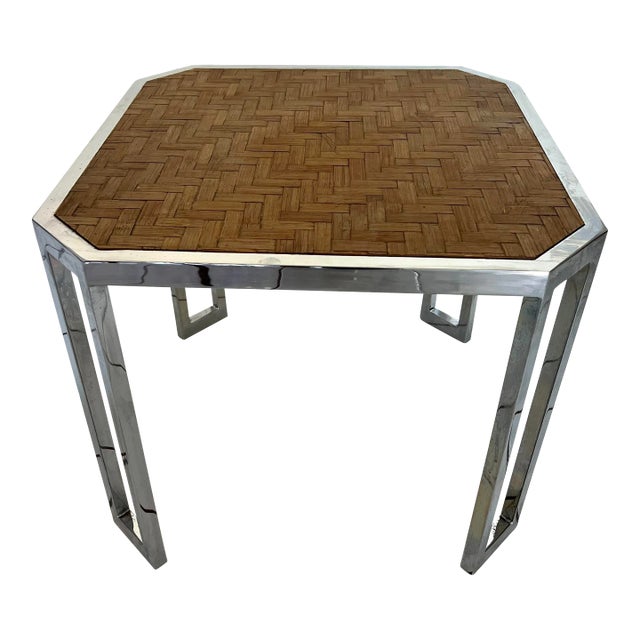 Milo Baughman Style Mid Century Rattan and Chrome Side Table For Sale