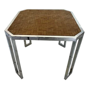 Milo Baughman Style Mid Century Rattan and Chrome Side Table