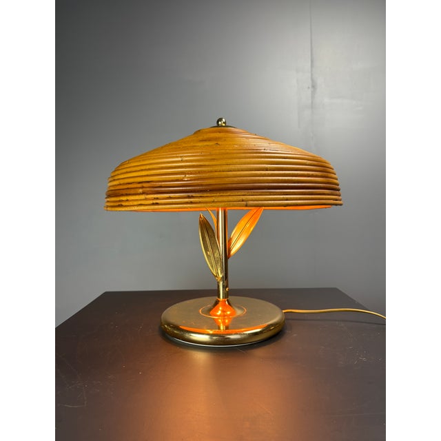 Mid-Century Pencil Reed Rattan Bamboo and Brass Flower Table Desk Lamp, Italy, 1980s For Sale - Image 6 of 15