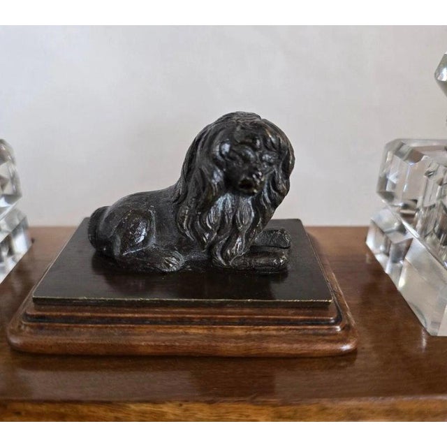 19th Century 19th Century Olive Wood Twin Inkwell Standish with Bronze Lion Dog For Sale - Image 5 of 18
