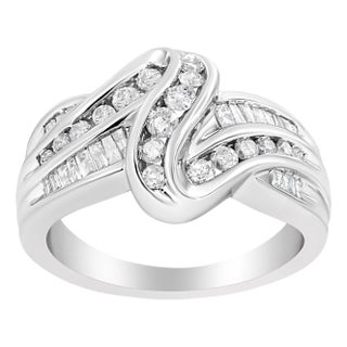 10K White Gold Ring 3/4 Cttw Round and Baguette-Cut Diamond Bypass Ring (H-I Color, I2-I3 Clarity) - Size 6 For Sale