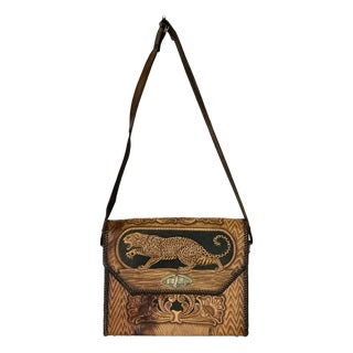 1970s Vintage Southwestern Boho Chic Hollywood Regency Leopard Tooled Leather Shoulder Handbag For Sale