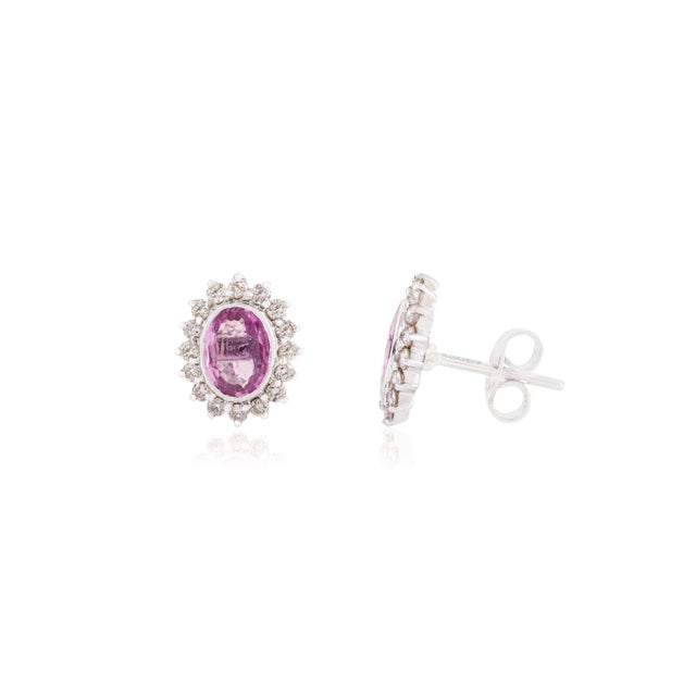 Art Deco 1.62ct Natural Pink Sapphire & Diamond Halo Stud Earrings in 14k Gold- A Pair For Sale - Image 3 of 12