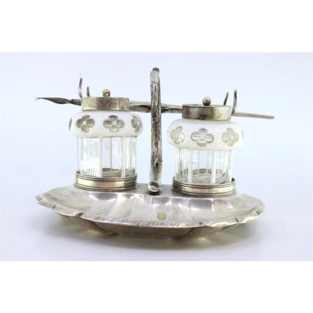 Silver and Glass Inkwell Shape of Shell with Reliefs and Applications, Two Glass Tanks and Pen Holder For Sale - Image 5 of 8