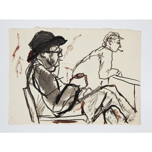 Portraiture Early 20th Century Plein Air Ink and Watercolor Study of Men Drawing For Sale - Image 3 of 3