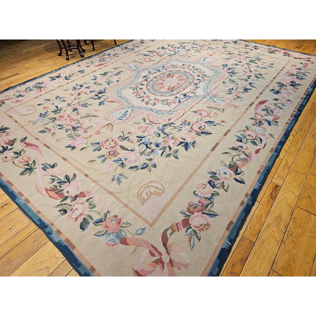 Late 19th Century French Aubusson Needlepoint Carpet in Floral Pattern in Ivory, Green, Pink, Blue For Sale - Image 9 of 18