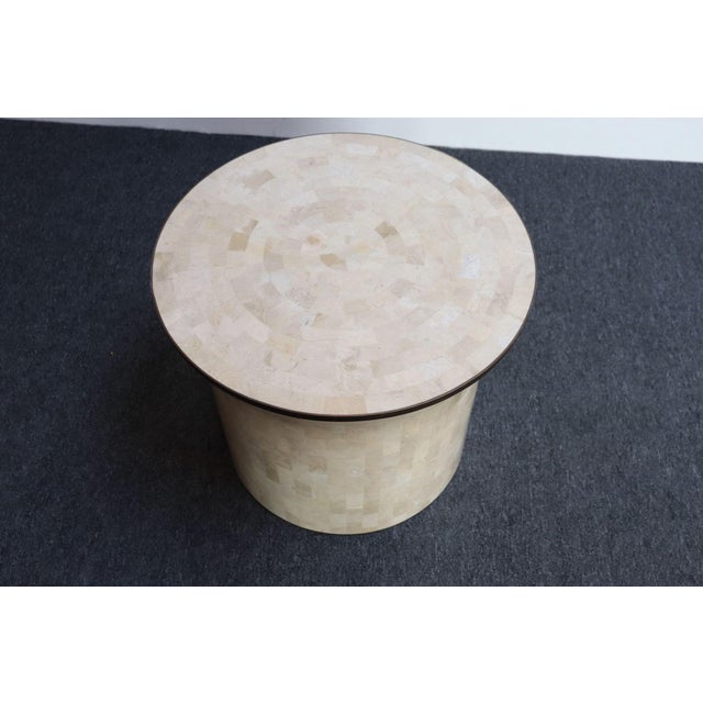 Hollywood Regency Vintage Maitland Smith Drum Accent Table in Tessellated Stone With Brass Inlay For Sale - Image 3 of 12