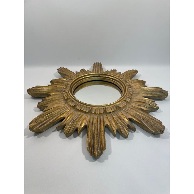Vintage 16.5" Mid Century Creamy Giltwood Sunburst Wall Mirror For Sale - Image 6 of 16