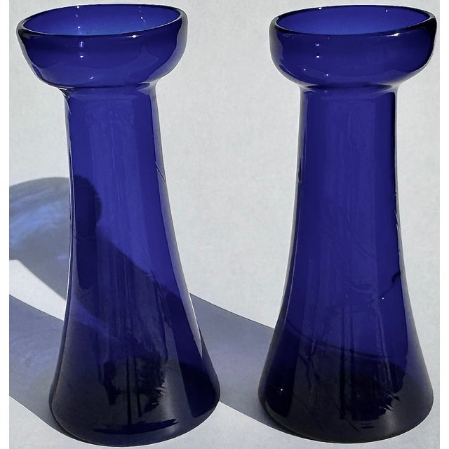 Victorian Pair Antique Cobalt Glass Bulb Forcing Vases For Sale - Image 3 of 8