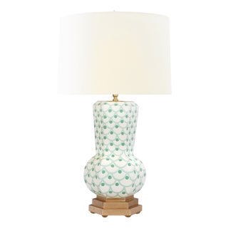 Matthew Izzo Home "Catalina Scale" Handpainted Tole Table Lamp With Gold Accents and Cream Silk Shade For Sale