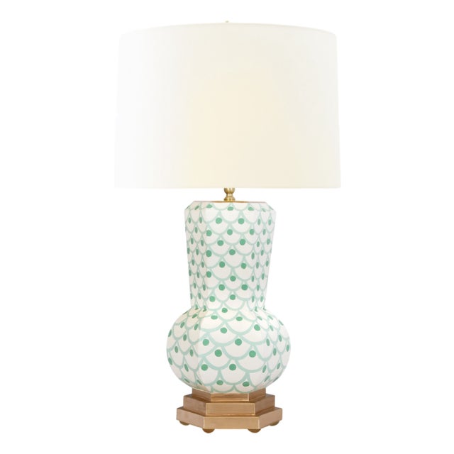 Matthew Izzo Home "Catalina Scale" Handpainted Tole Table Lamp With Gold Accents and Cream Silk Shade For Sale