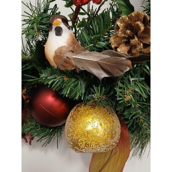 Partridge in Pear Tree Winter Door Wreath Realistic Holiday Crystal Fruit Apple For Sale In San Diego - Image 6 of 16