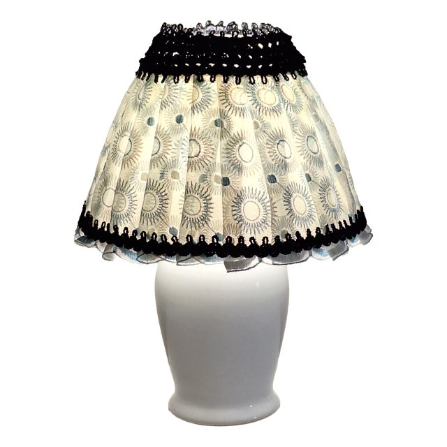 Vintage Table Lamp with White Ceramic Base and Fabric Shade by Aro, 1980s For Sale
