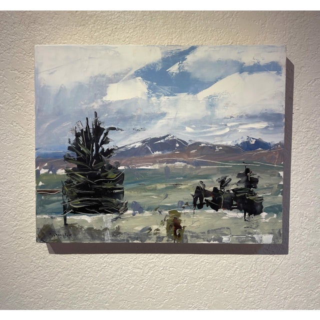 This artwork depicts a sweeping view of the Colorado landscape, featuring the rugged peaks of Mt. Evans and Bierstadt...